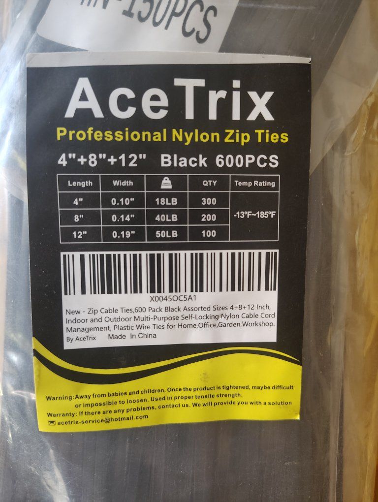 AceTrix 600-Pack Black Nylon Zip Cable Ties - 4", 8", 12" Assorted Sizes New 