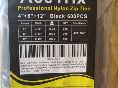 AceTrix 600-Pack Black Nylon Zip Cable Ties - 4", 8", 12" Assorted Sizes New
