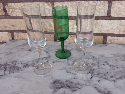 Vintage Clear & Green Gold Unicorn Champagne Flutes - Set of 3 Unique Stemware Glasses