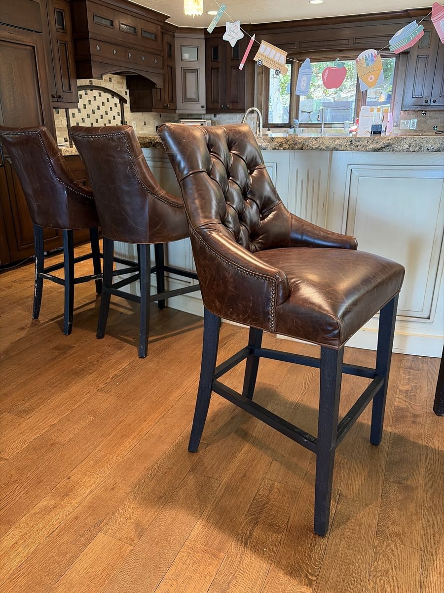RH Restoration Hardware Brown Leather Tufted Bar Stools with Dark Wood Legs
