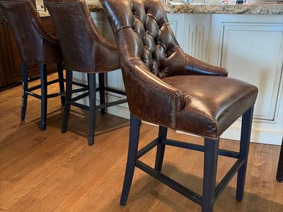 RH Restoration Hardware Brown Leather Tufted Bar Stools with Dark Wood Legs