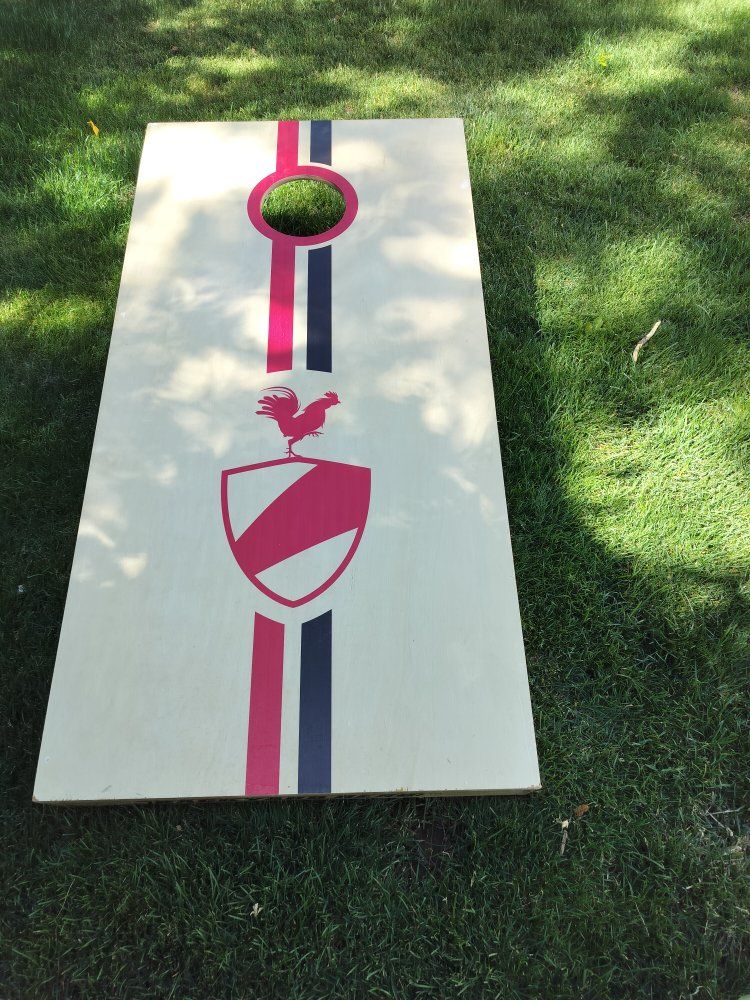 Custom Painted Cornhole Board - Rooster & Shield Design