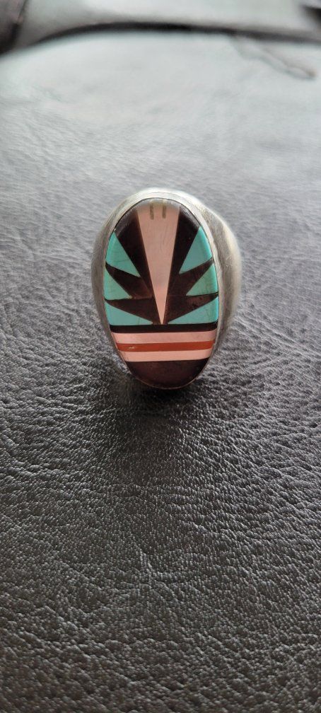 Vintage Native American Zuni ring.  Sterling Silver Inlay Multi-Stone Southwestern Ring
