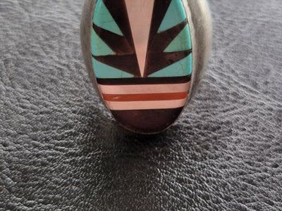 Vintage Native American Zuni ring. Sterling Silver Inlay Multi-Stone Southwestern Ring