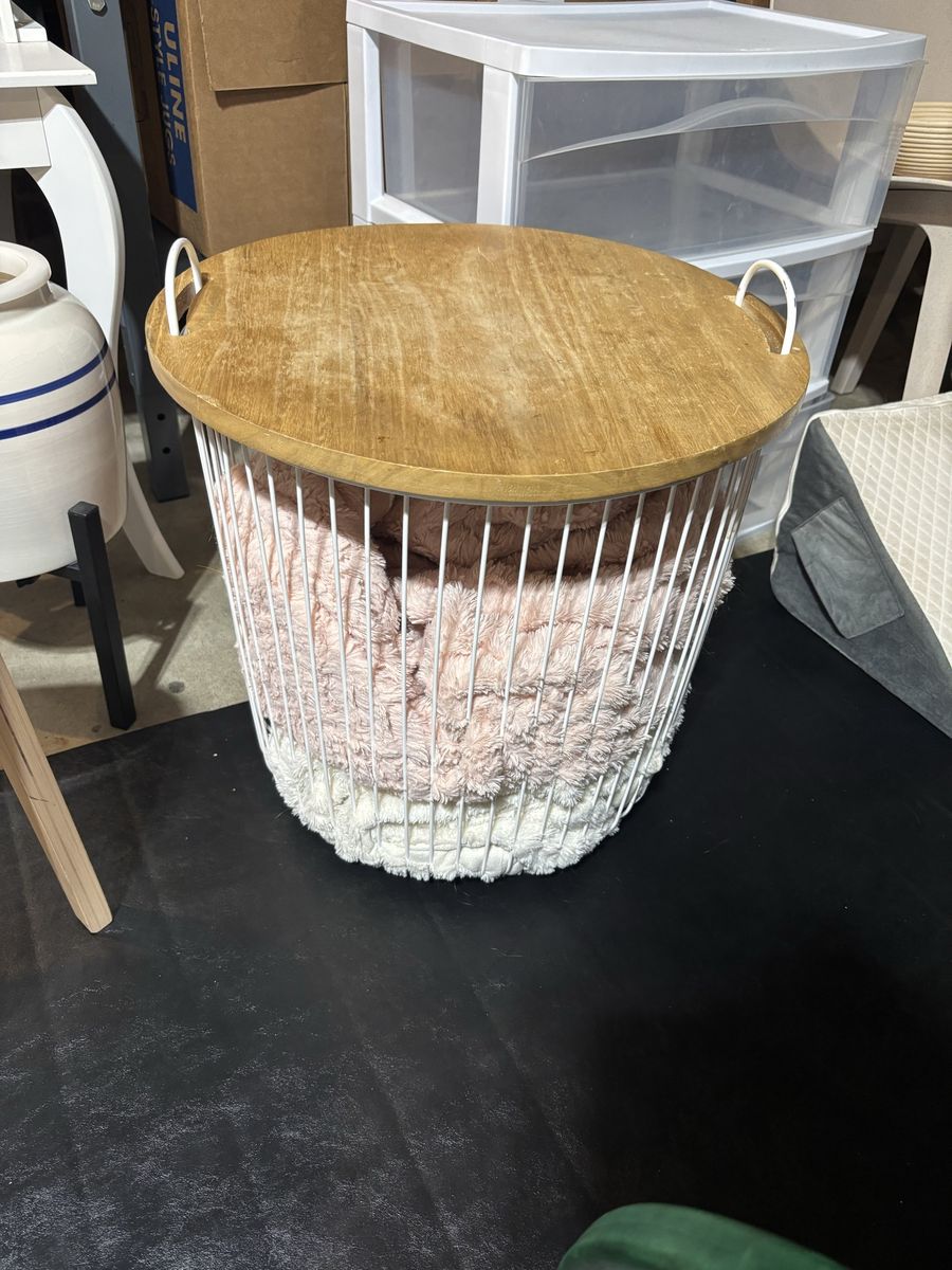 White Metal Storage Basket with Wooden Lid & Handles - Multi-purpose Round Bin