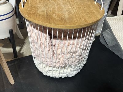White Metal Storage Basket with Wooden Lid & Handles - Multi-purpose Round Bin