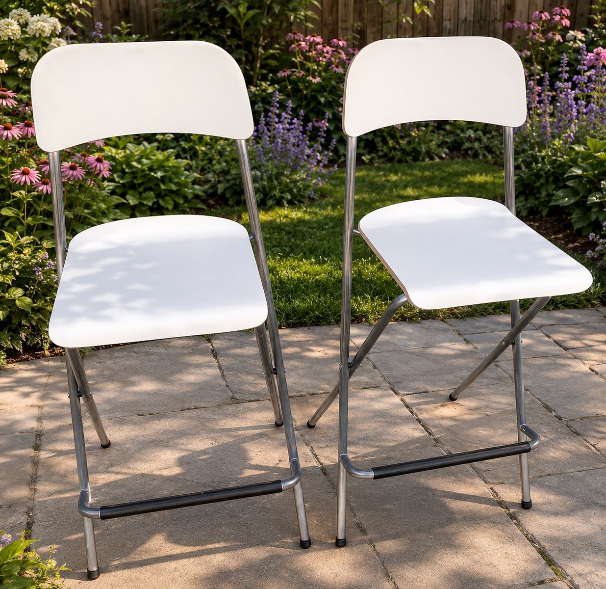Set of 2 White Folding Bar Stools - Space-Saving Tall Seating for Kitchen or Patio