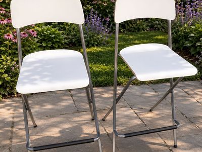 Set of 2 White Folding Bar Stools - Space-Saving Tall Seating for Kitchen or Patio