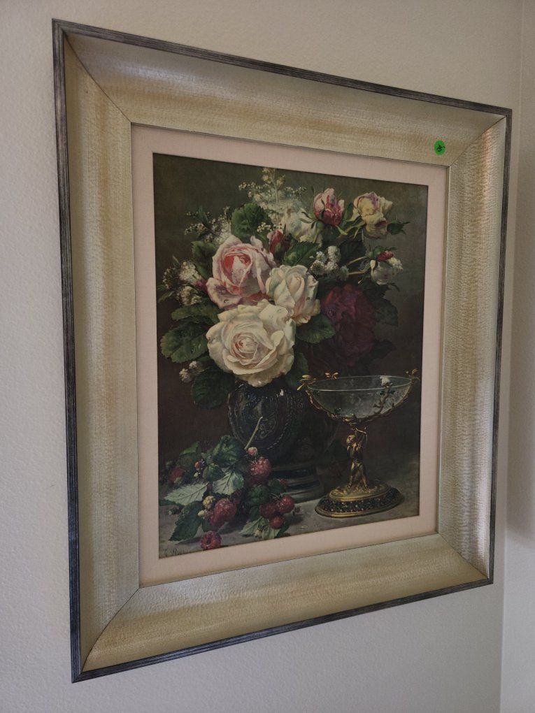 Vintage Framed Floral Still Life Print with Roses & Raspberries, Gold Accents, Decorative Art