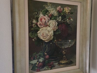 Vintage Framed Floral Still Life Print with Roses & Raspberries, Gold Accents, Decorative Art
