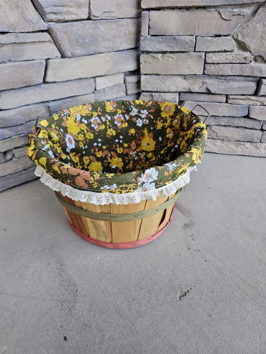 Vintage Wooden Bushel Basket with Floral Fabric Liner
