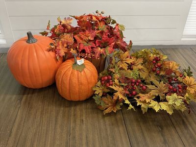 Fall Autumn Harvest Decor Bundle: Pumpkins, Leaves Wreath, and Floral Arrangement