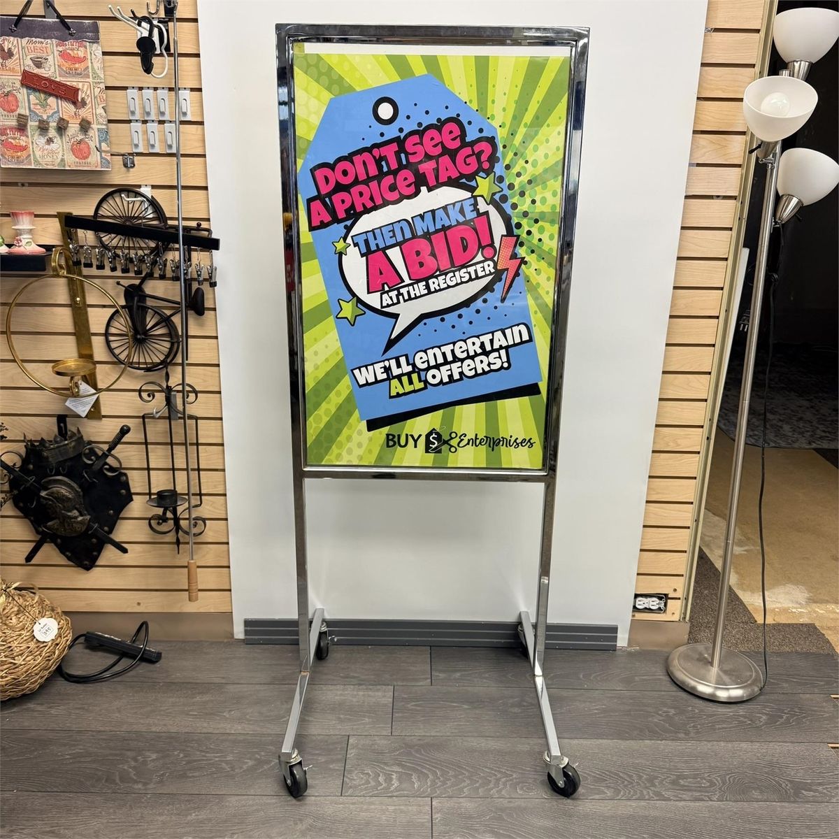 Commercial-Grade Double-Sided Acrylic Floor Sign w/ Wheels