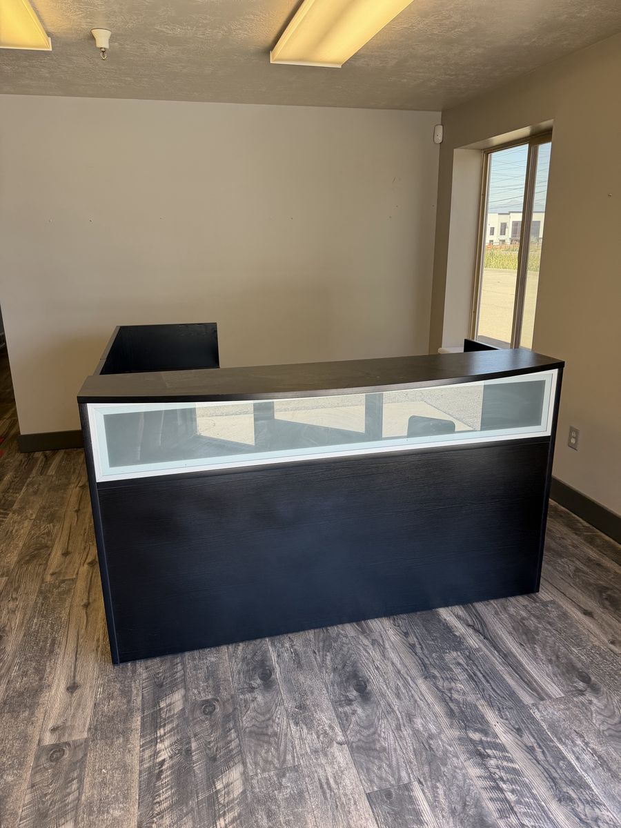 Black L-Shaped Reception Desk w/Frosted Glass Panel