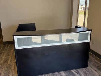 Black L-Shaped Reception Desk w/Frosted Glass Panel