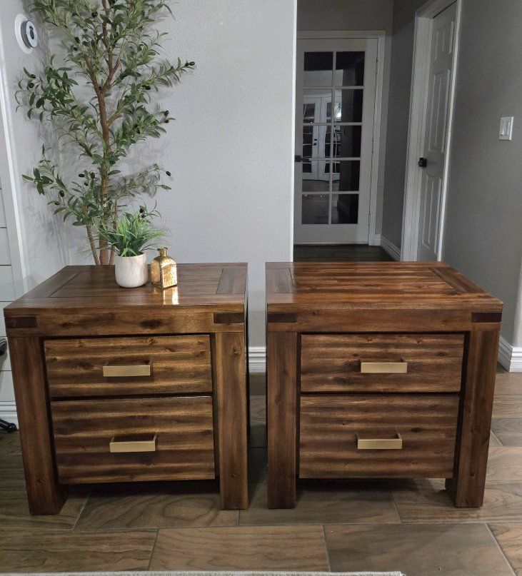 Pair of Wooden Nightstands with Two Drawers and Gold Hardware