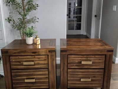 Pair of Wooden Nightstands with Two Drawers and Gold Hardware