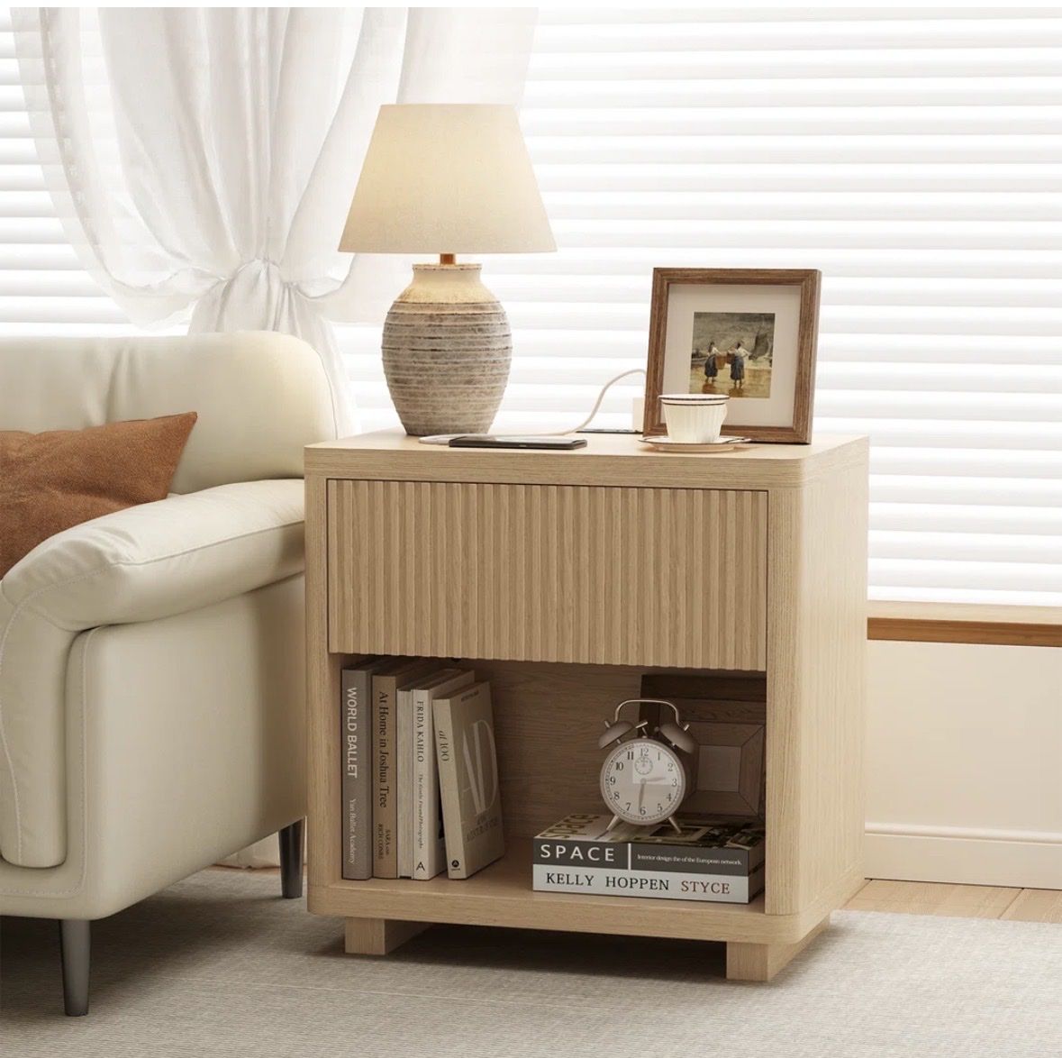 24" Fluted Nightstand with Storage and USB Charging - Modern Wood End Table Black or Neutral available