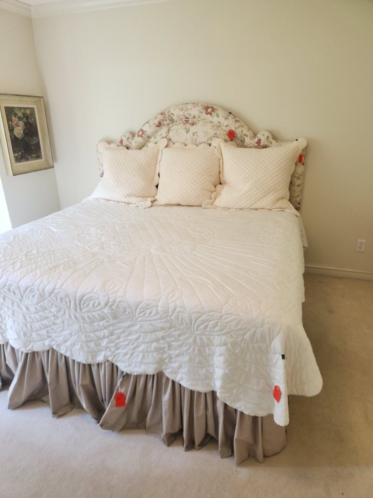 Floral Upholstered Scalloped Headboard & Bed Frame - King Size - Used