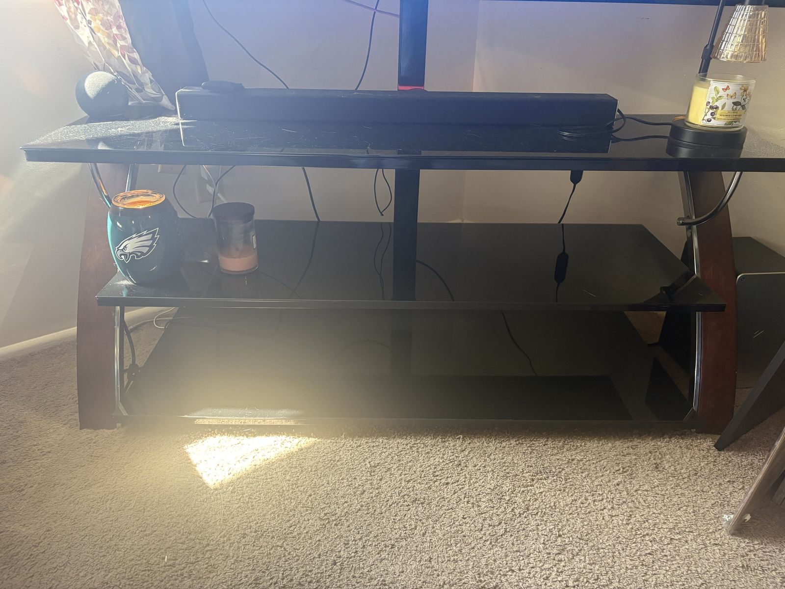 3-Tier TV Stand with Mount Black Glass and Wood Accents