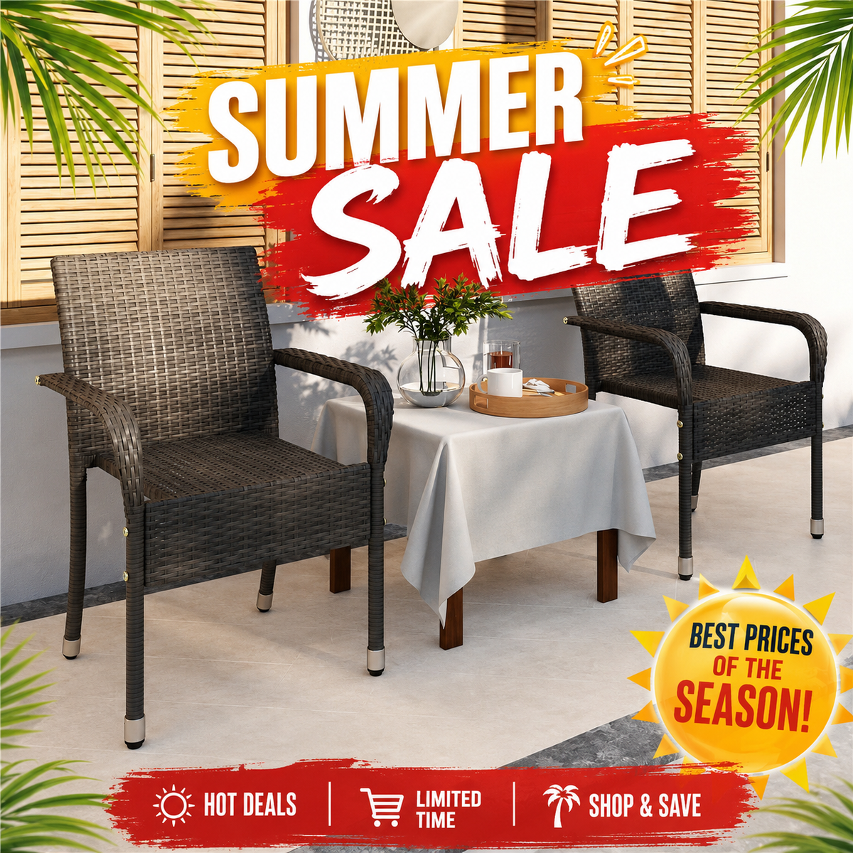 PE Outdoor Rattan Chair Set OF 2 with Armrests. 2 SETS AVAILABLE
