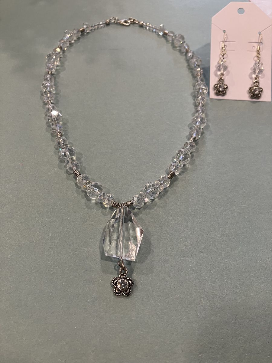 Crystal, Glass & Silver Wedding Pendant Necklace And Matching Dangle Earrings