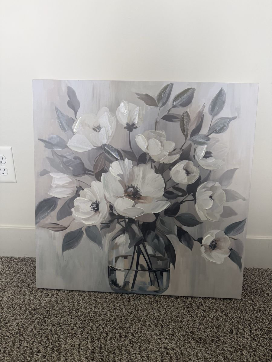 White Floral Canvas Wall Art Painting in Glass Vase