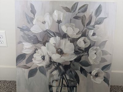 White Floral Canvas Wall Art Painting in Glass Vase