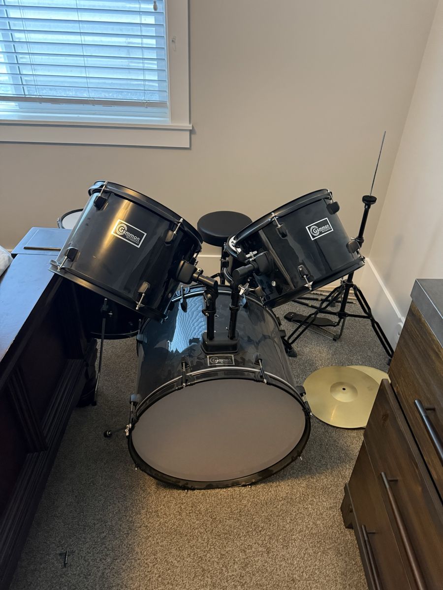 Gammon Percussion 5-Piece Complete Drum Set with Throne and Cymbals - Black