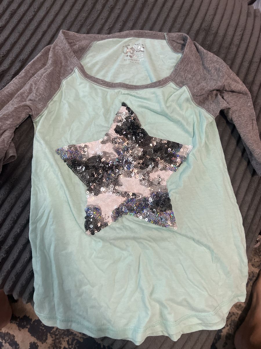 Justice Girls Long Sleeve Shirt Mint Green Gray Sequin Star Size 12