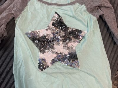 Justice Girls Long Sleeve Shirt Mint Green Gray Sequin Star Size 12