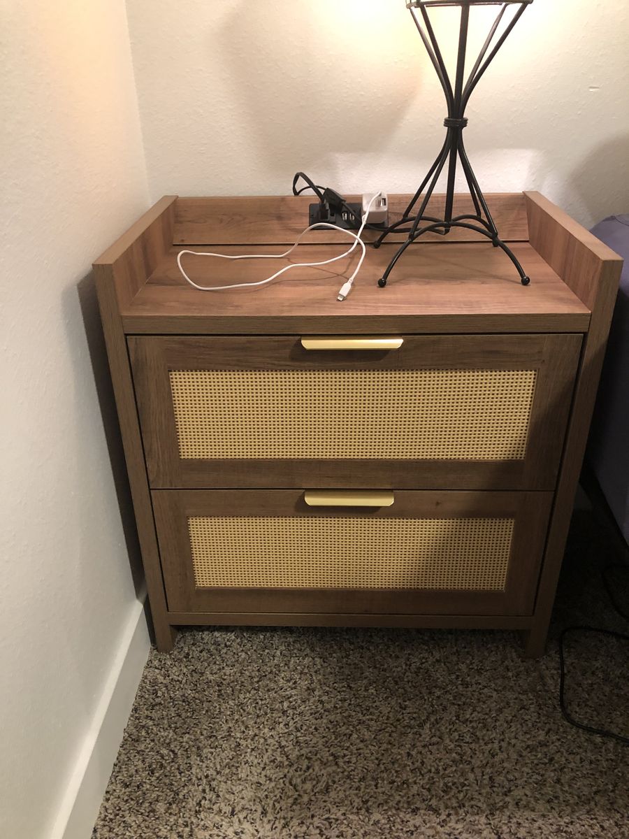 Modern Wood & Cane Nightstand with USB Ports & Outlets - 2-Drawer End Table (Unassembled in box, 2 units)