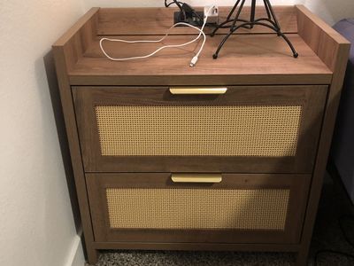 Modern Wood & Cane Nightstand with USB Ports & Outlets - 2-Drawer End Table (Unassembled in box, 2 units)