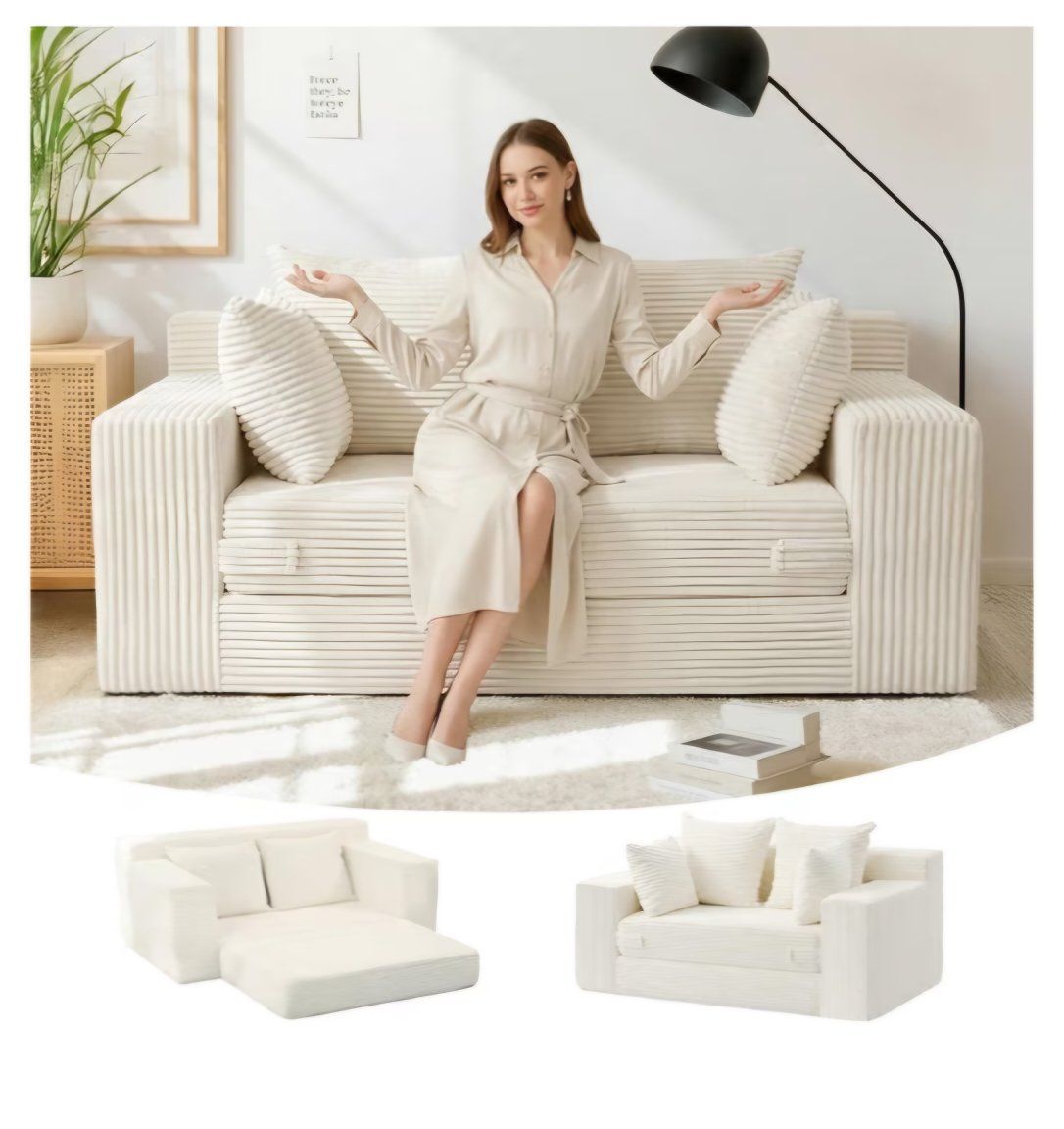 Boneless Loveseat Sleeper Sofa Bed, 3-in-1 Convertible Sofa Bed and Futon Couch with 4 Pillows, 55" Beige Boneless Couch for Liv