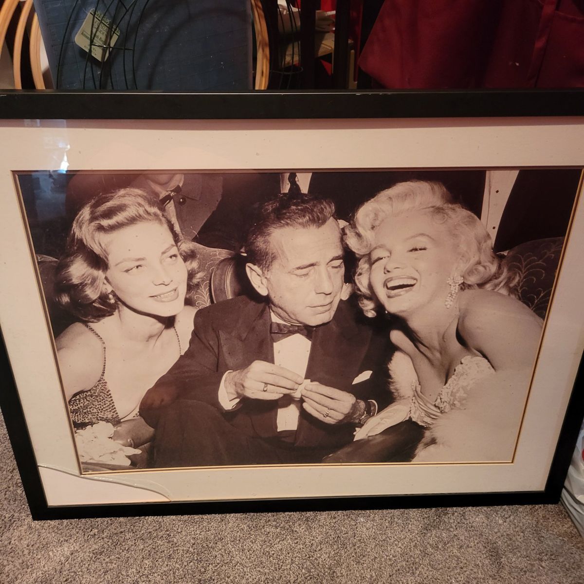 Framed Marilyn Monroe Humphrey Bogart Lauren Bacall B&W Art Photo Cracked Glass