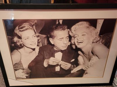Framed Marilyn Monroe Humphrey Bogart Lauren Bacall B&W Art Photo Cracked Glass