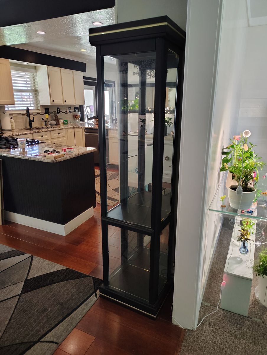 Elegant Black Display Curio Cabinet with Glass Shelves & Gold Trim