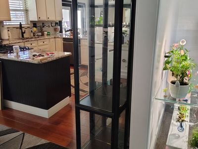 Elegant Black Display Curio Cabinet with Glass Shelves & Gold Trim