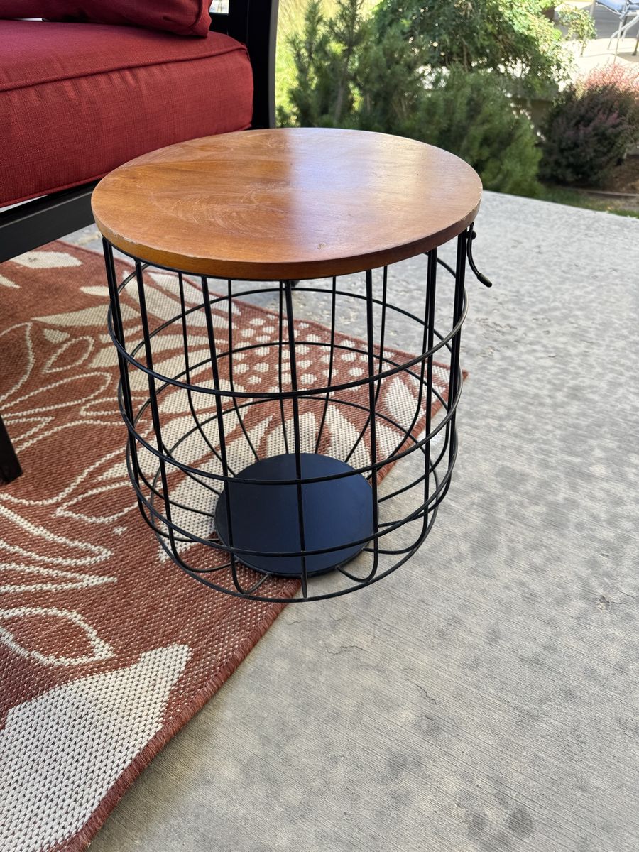 Set of 2 Nesting Round Wire Basket Side Tables - Wood Top