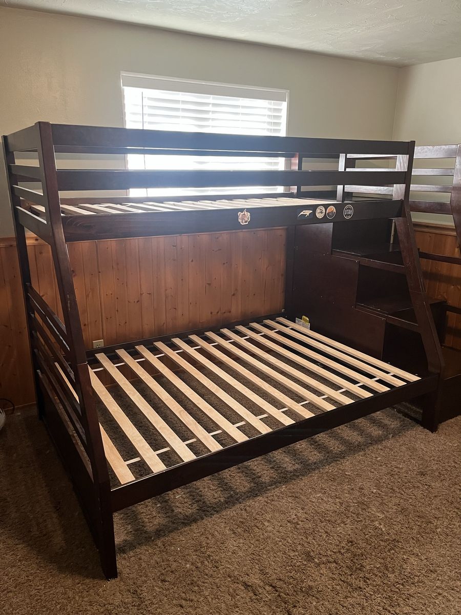 Dark Wood Twin over Full Bunk Bed Frame with Storage Steps - FREE