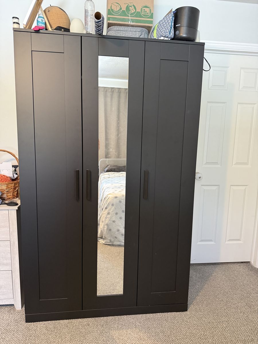 IKEA BRIMNES 3-Door Wardrobe, Black, 46x19.75x74.75" with Mirror & Hanging Rod