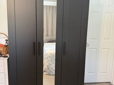 IKEA BRIMNES 3-Door Wardrobe, Black, 46x19.75x74.75" with Mirror & Hanging Rod