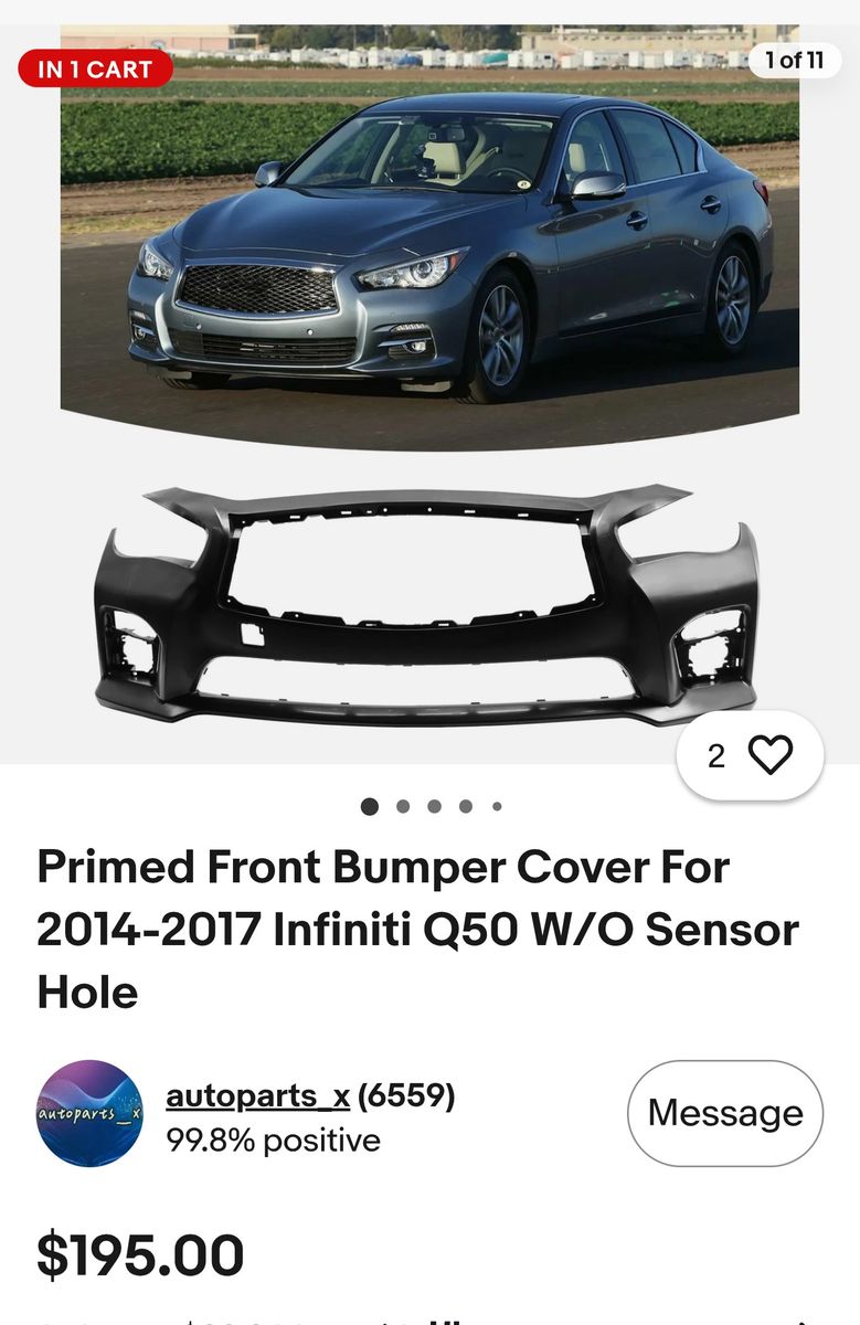 Primed Front Bumper Cover for 2014-2017 Infiniti Q50 (W/O Sensor Hole)