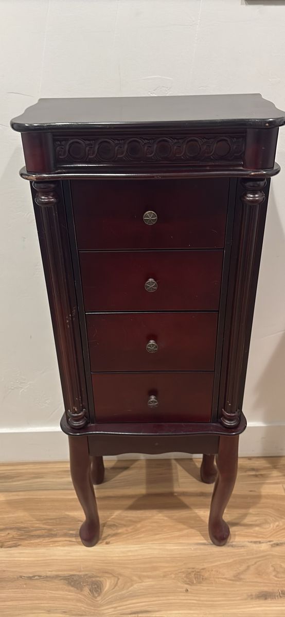 Elegant Mahogany Finish Wooden Jewelry Armoire Cabinet with 4 Drawers and Side Compartments