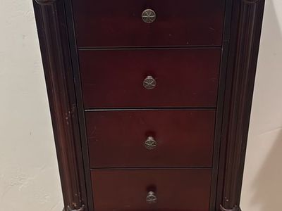 Elegant Mahogany Finish Wooden Jewelry Armoire Cabinet with 4 Drawers and Side Compartments