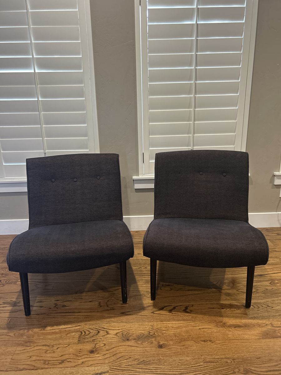 Pair of Mid-Century Modern Armless Accent Chairs - Dark Gray Chevron Fabric