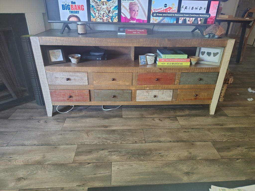 Rustic Farmhouse Style TV Stand Console with 8 Multi-Color Drawers & Media Shelf