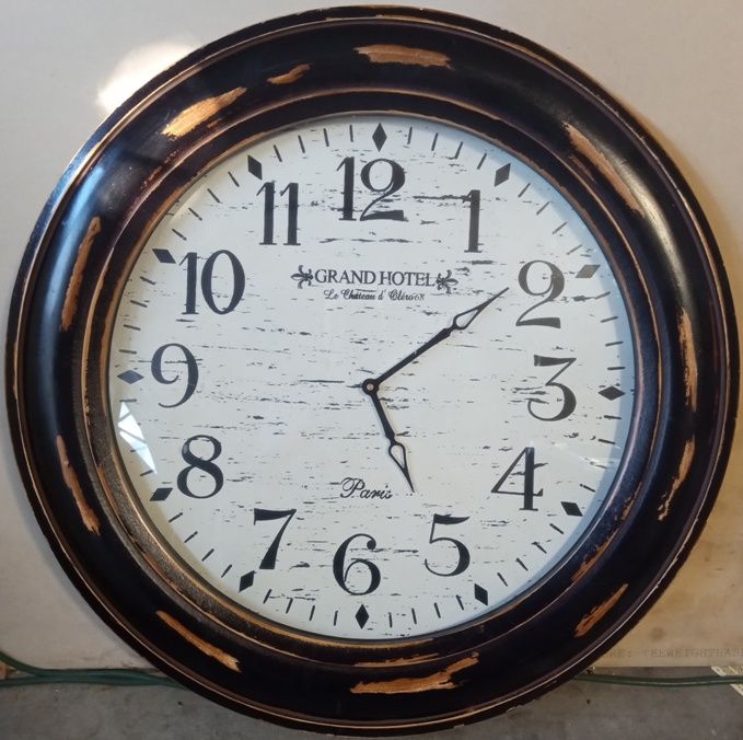 Grand Hotel Large Round Distressed Black Wood Wall Clock