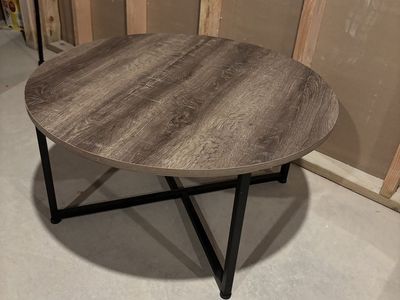 Round Coffee Table with Faux Wood Grain Top & Black Metal Legs - Modern Industrial Style
