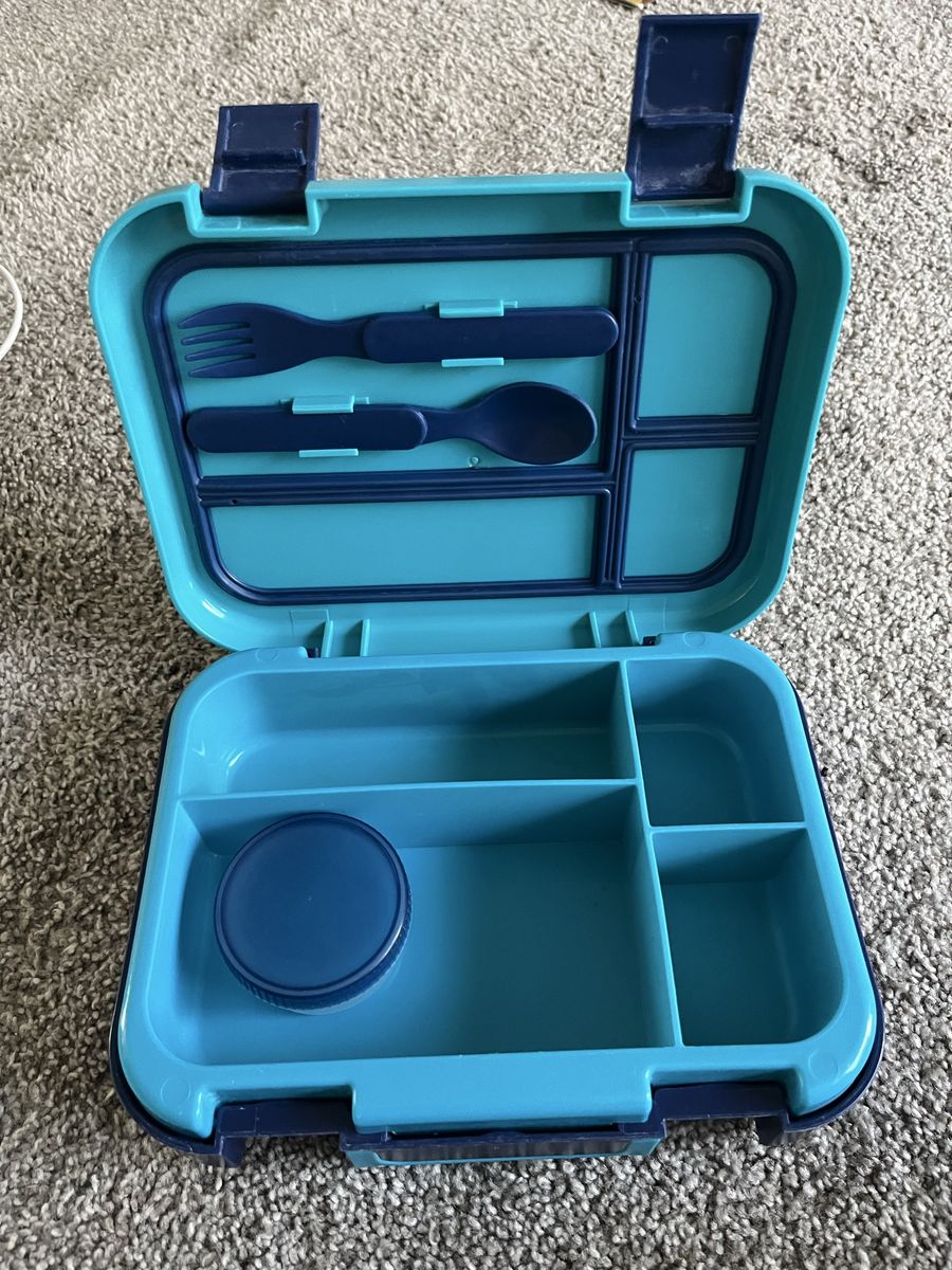 Kids Bento Lunch Box, 4-Compartment Food Container with Utensils & Dressing Cup, Blue, GARAGE SALE